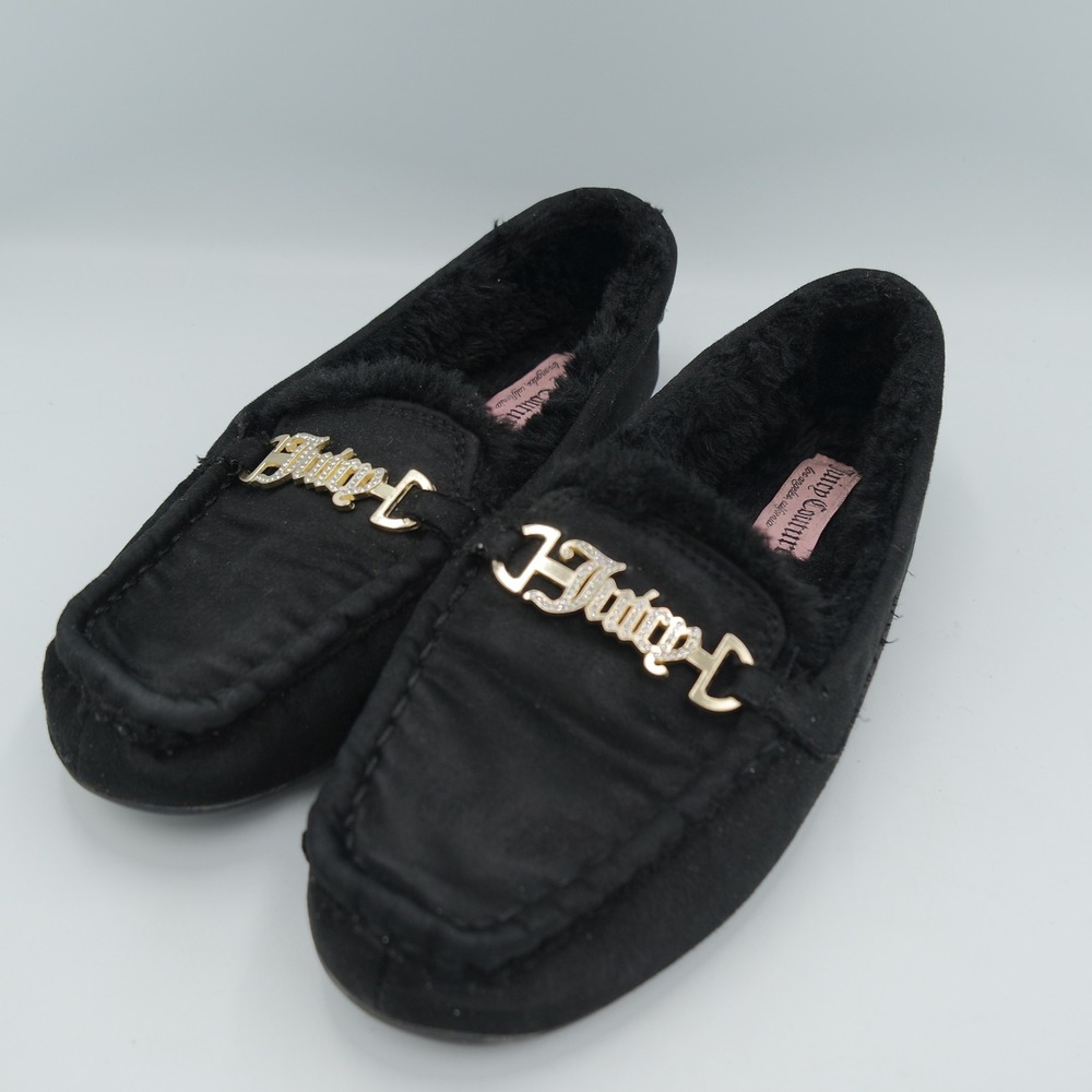Juicy Couture Intoit Black Faux Fur Lined Moccasin Slippers Gold Logo Womens 8